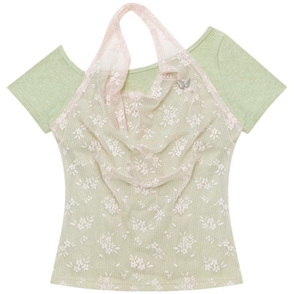 Maglia sovrapposta all'americana in pizzo floreale a maniche corte