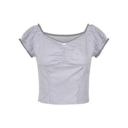 Nap Plaid Puff Sleeve Crop Top