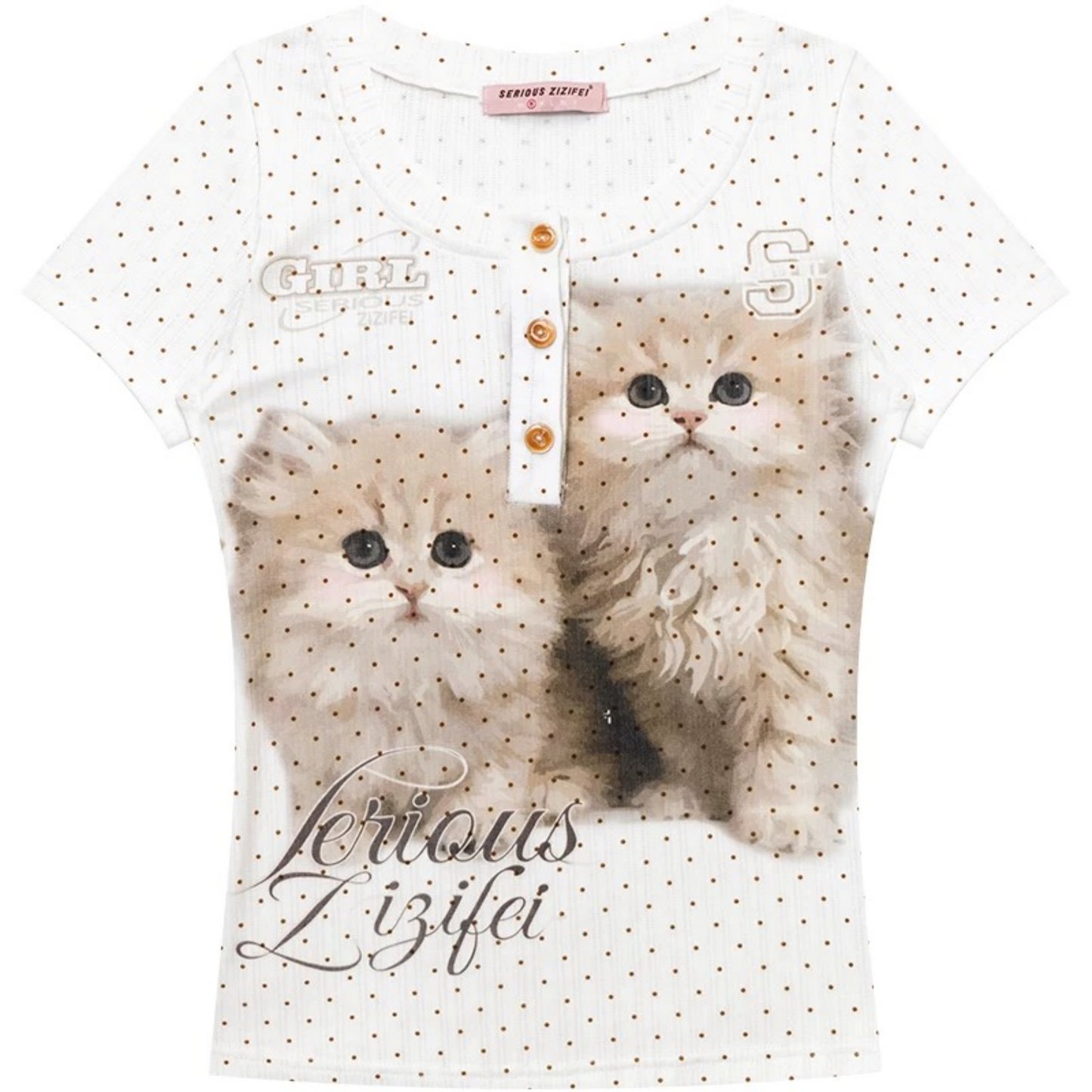 Schmal geschnittenes Oberteil mit Polka-Dots und Katzenprint