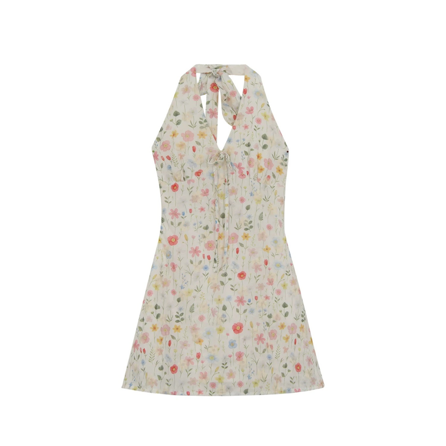 Floral Halterneck V-Neck Tie Waist Dress