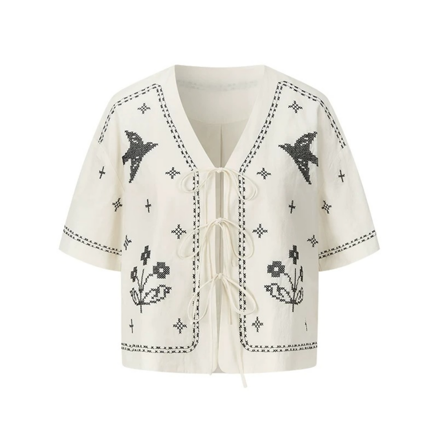 Bird Embroidered Cotton Linen Cardigan Set-Up
