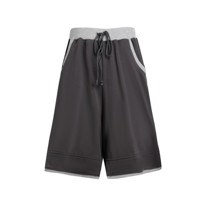 Color-Block Drawstring Elastic Waist Wide-Leg Mid-Length Shorts