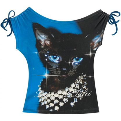 Maglia monospalla estiva con stampa gatto