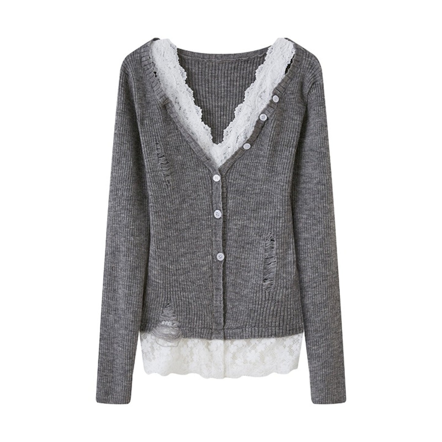 Lace Panel V-Neck Knitted Cardigan