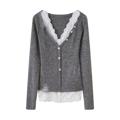 Lace Panel V-Neck Knitted Cardigan