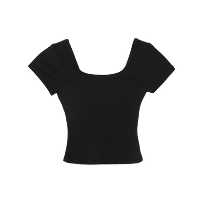 Maglia corta blu navy a coste con collo in maglia