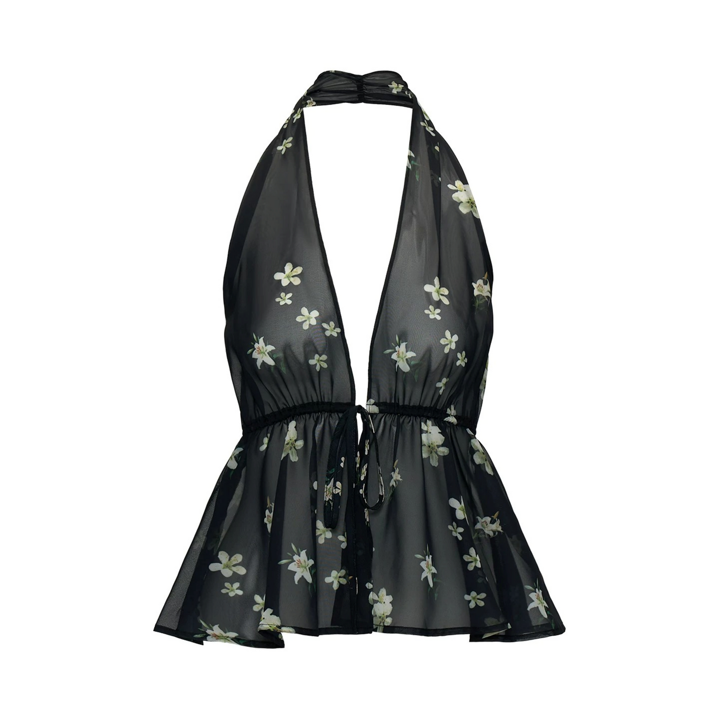 Black Floral Halter Tie Camisole Top Set-Up