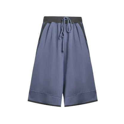Color-Block Drawstring Elastic Waist Wide-Leg Mid-Length Shorts