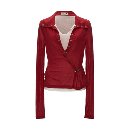 Layered-Look Button Polo Long Sleeve Top
