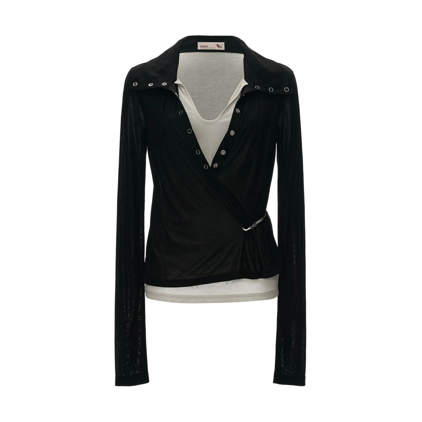 Layered-Look Button Polo Long Sleeve Top