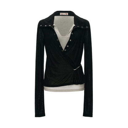 Layered-Look Button Polo Long Sleeve Top