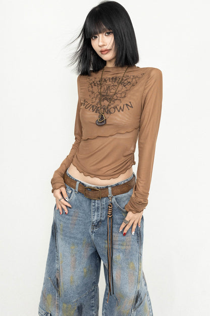 Retro Chic Brown Tulle Top