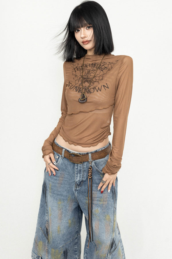 Retro Chic Brown Tulle Top