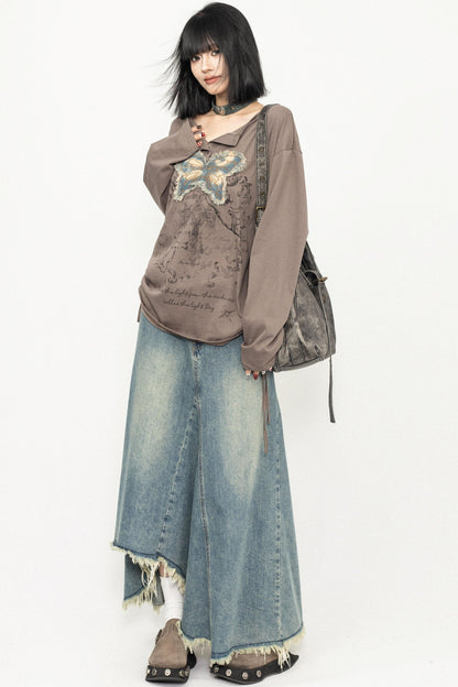 Butterfly Embroidered Retro Loose Tee