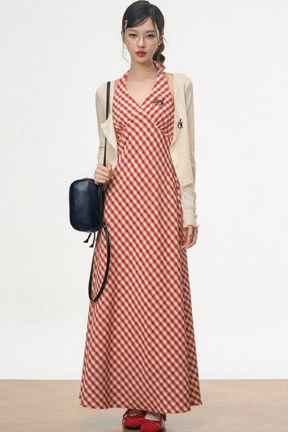 Retro Plaid Halter Dress With Smock Set-Up