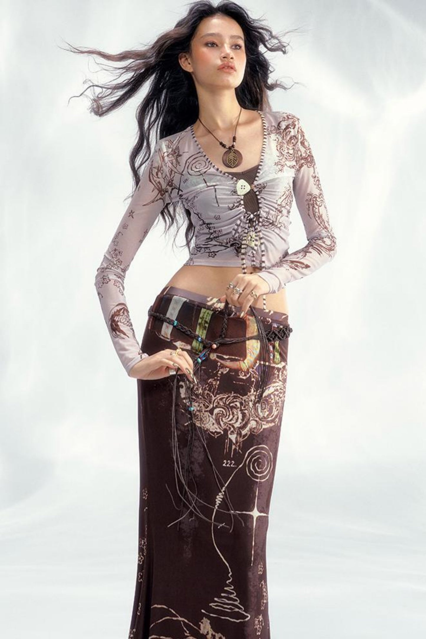 Star Mesh Cardigan With Long Skirt Set-Up