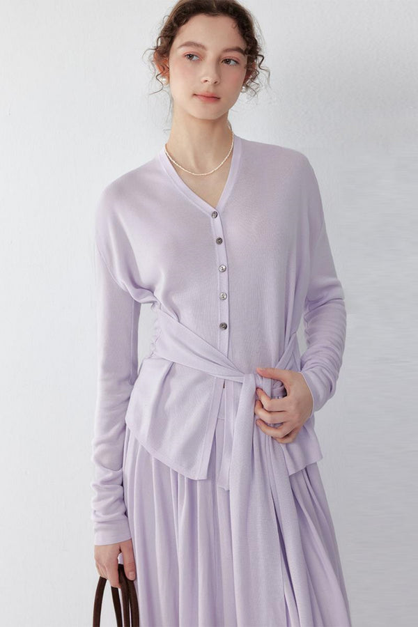 Purple Silk Blend Knit Sweater & Skirt Set-Up