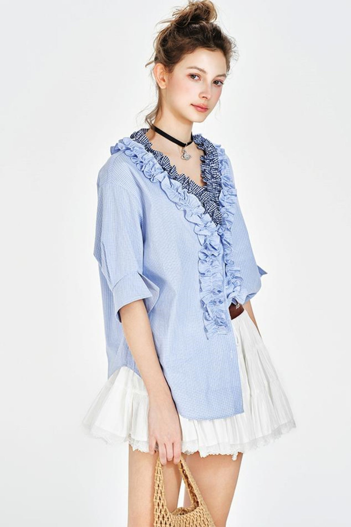 Blue Plaid V-Neck Shirt