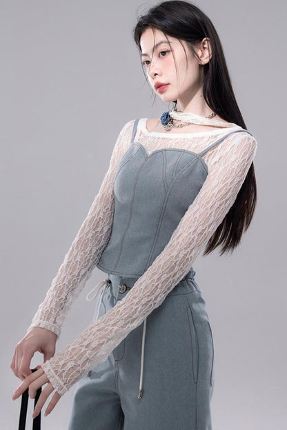 Denim Fusion Lace Suspenders Vest & Sickle Pants Set