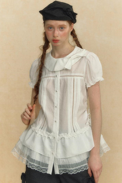 Chic Beige Stripe Lace Puff Sleeve Shirt