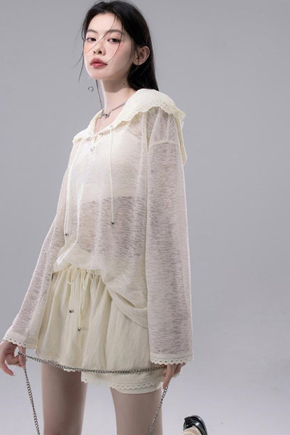 Sheer Lace Hoodie Knit Blouse Skirt Set