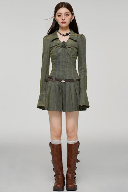 Long Sleeve Rose Print Pleated Dress