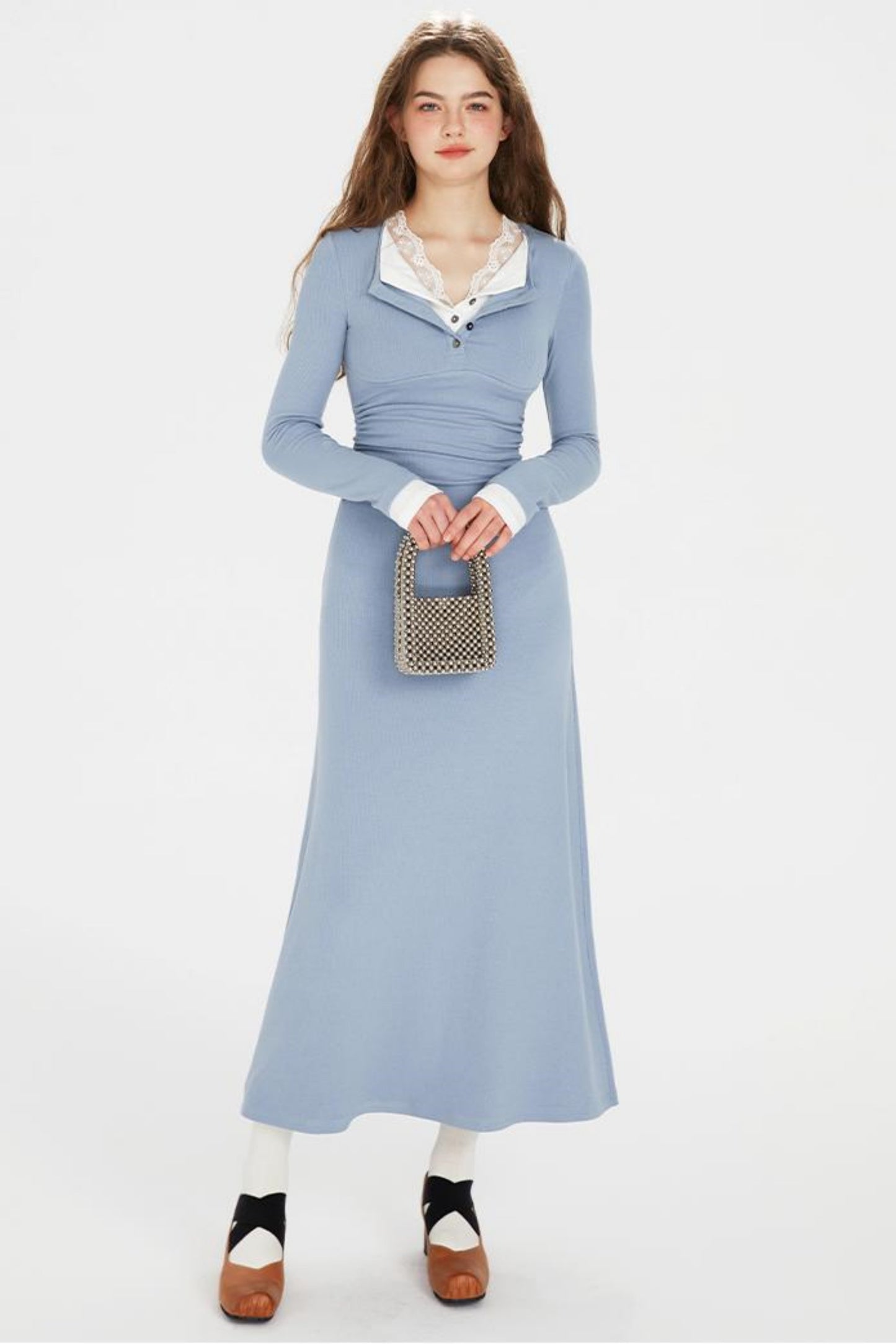 Sapphire Blue Lace Lapel Dress