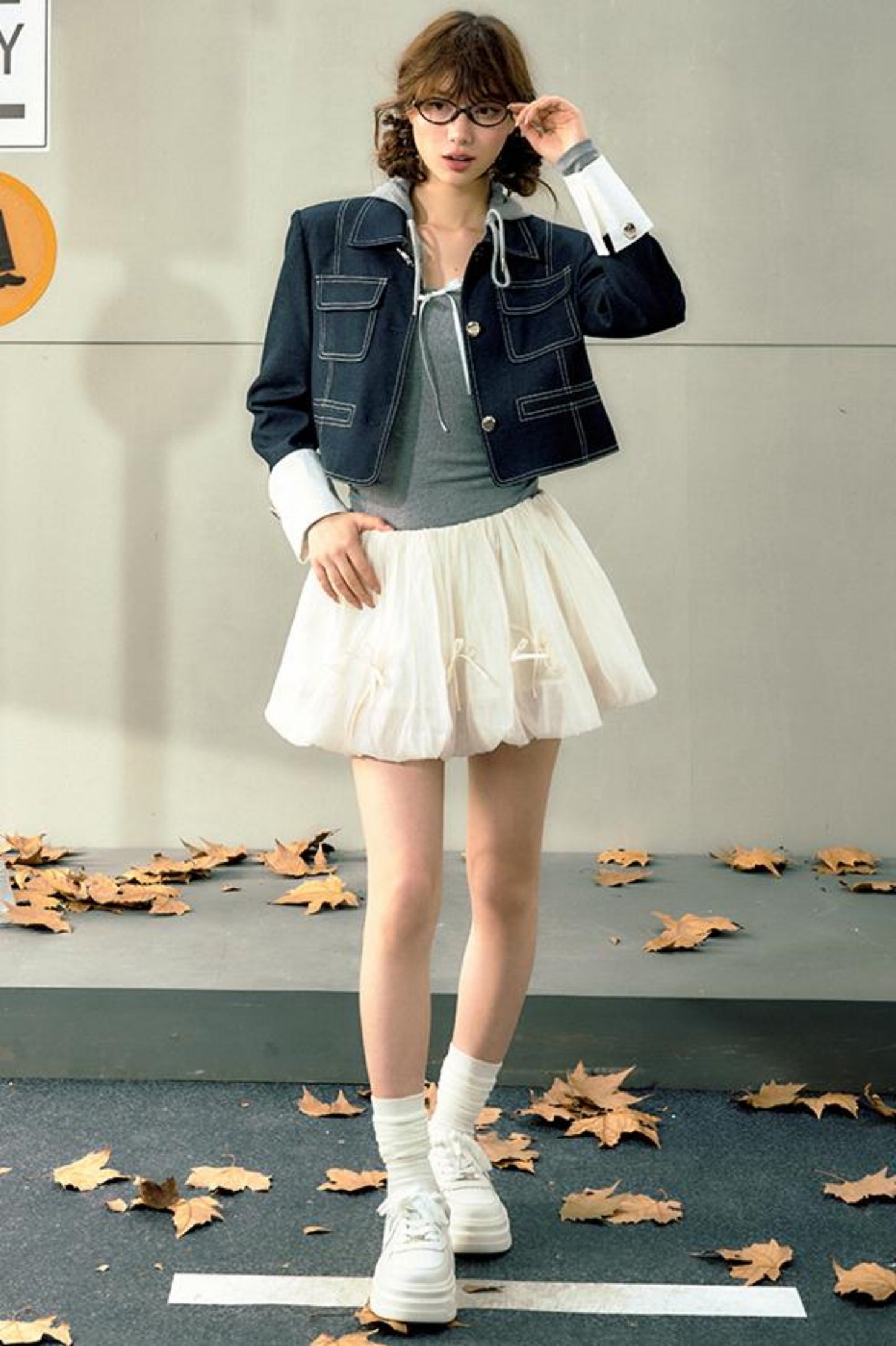 Gray Lace-Trimmed Knit With Skirt Set-Up