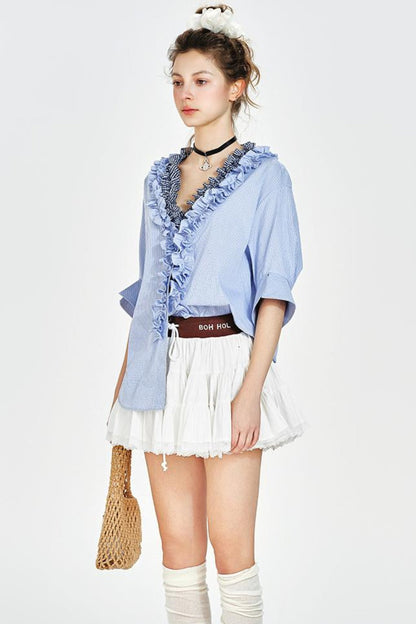 Blue Plaid V-Neck Shirt