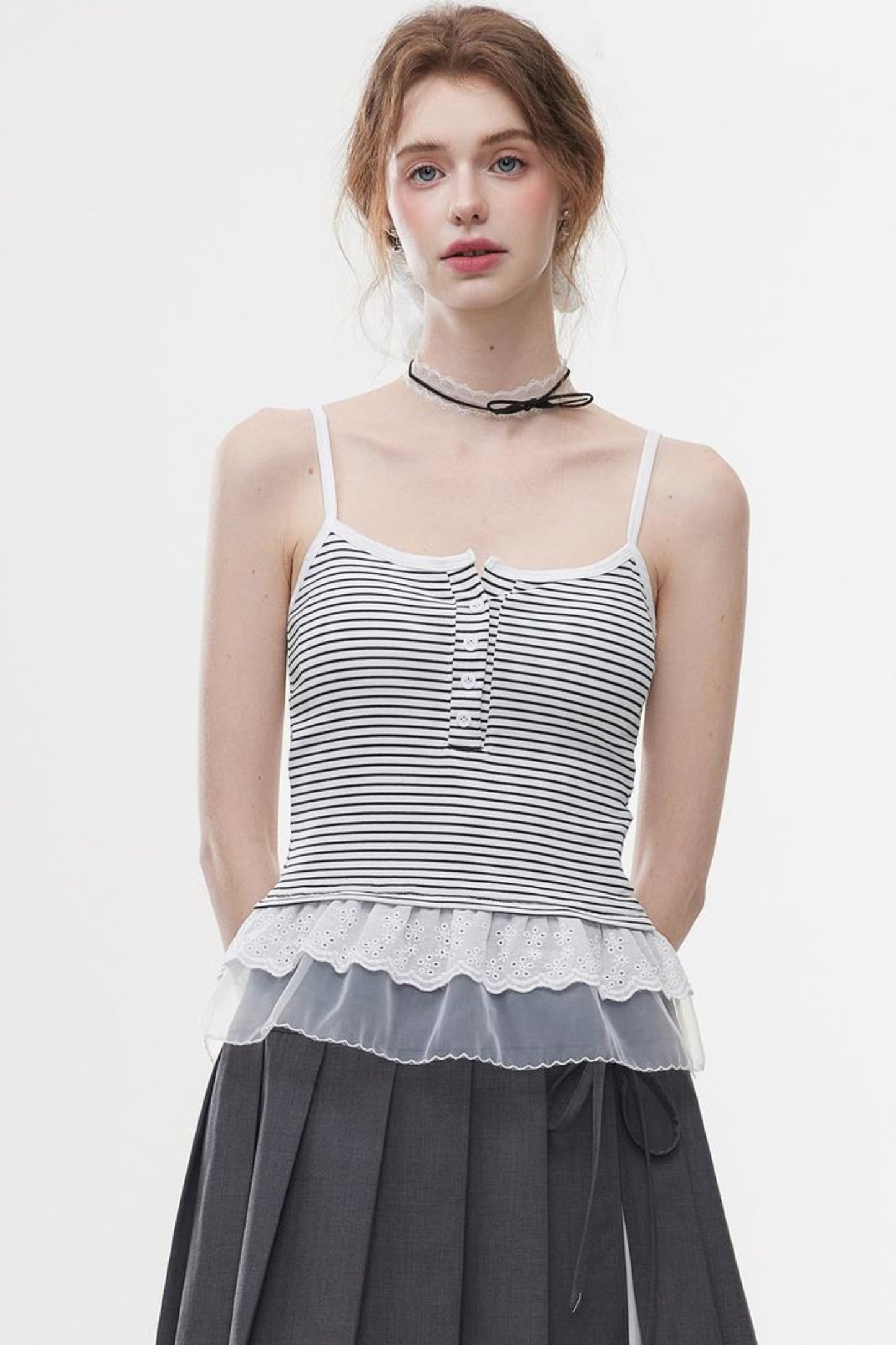 Lace-Trimmed Knit Peplum Top