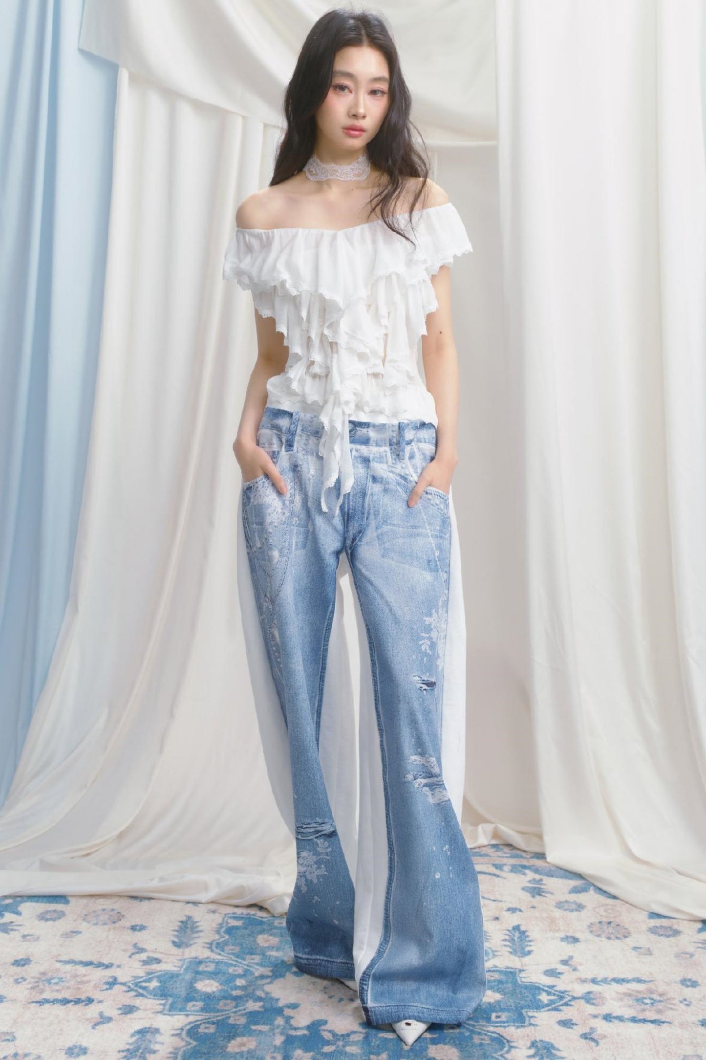 Blue Island White Denim Patch Sweatpants