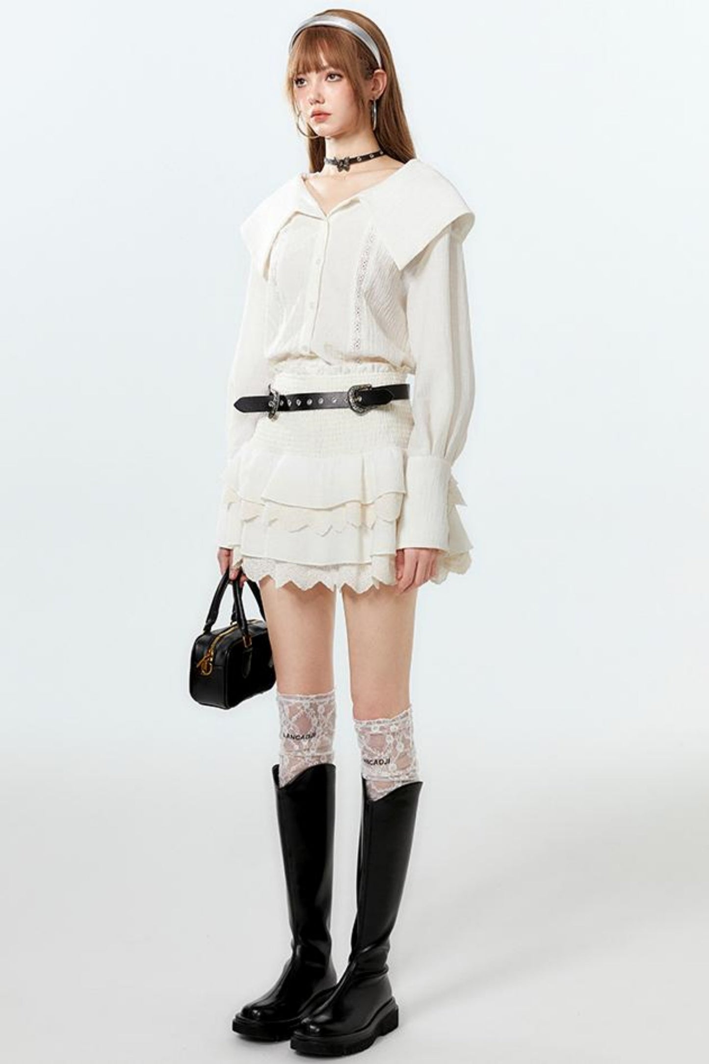 Sheer Lace Big-Collar Mint Blouse