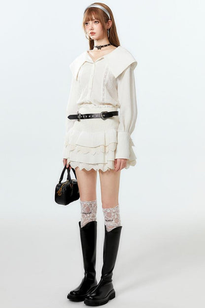 Sheer Lace Big-Collar Mint Blouse