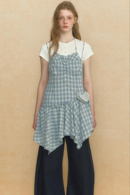 Asymmetrical Plaid Halter Top