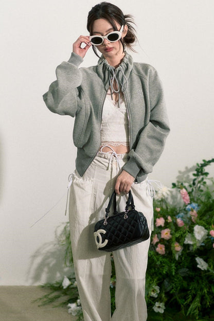 Zip-Up Sweater Jacket With Shorts Set-Up