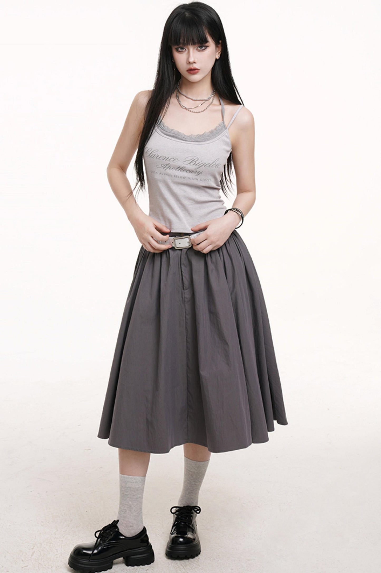 Gray Pleated Midi Skirt