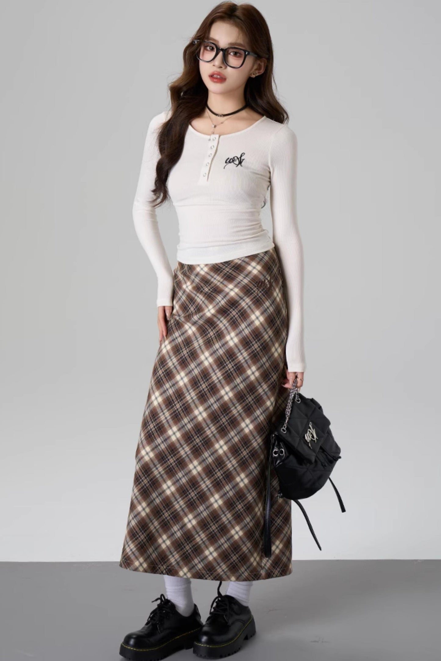 Brown Plaid A-Line Skirt