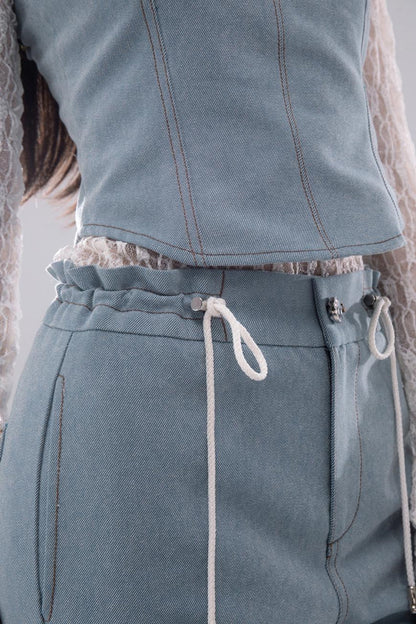 Denim Fusion Lace Suspenders Vest & Sickle Pants Set