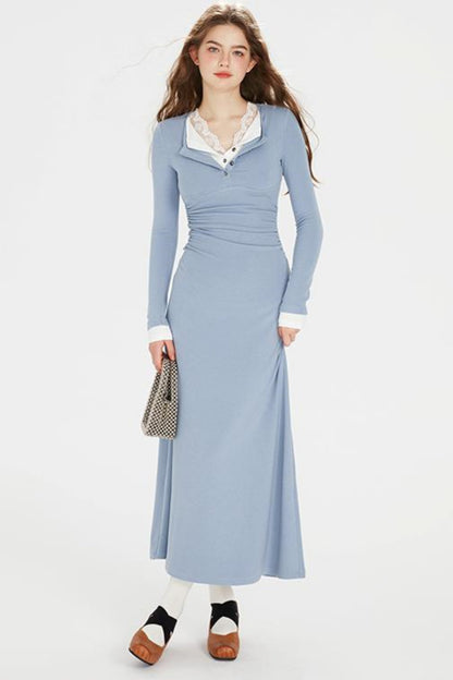 Sapphire Blue Lace Lapel Dress