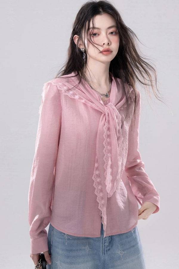 Grapefruit Powder Lace Trim Shirt