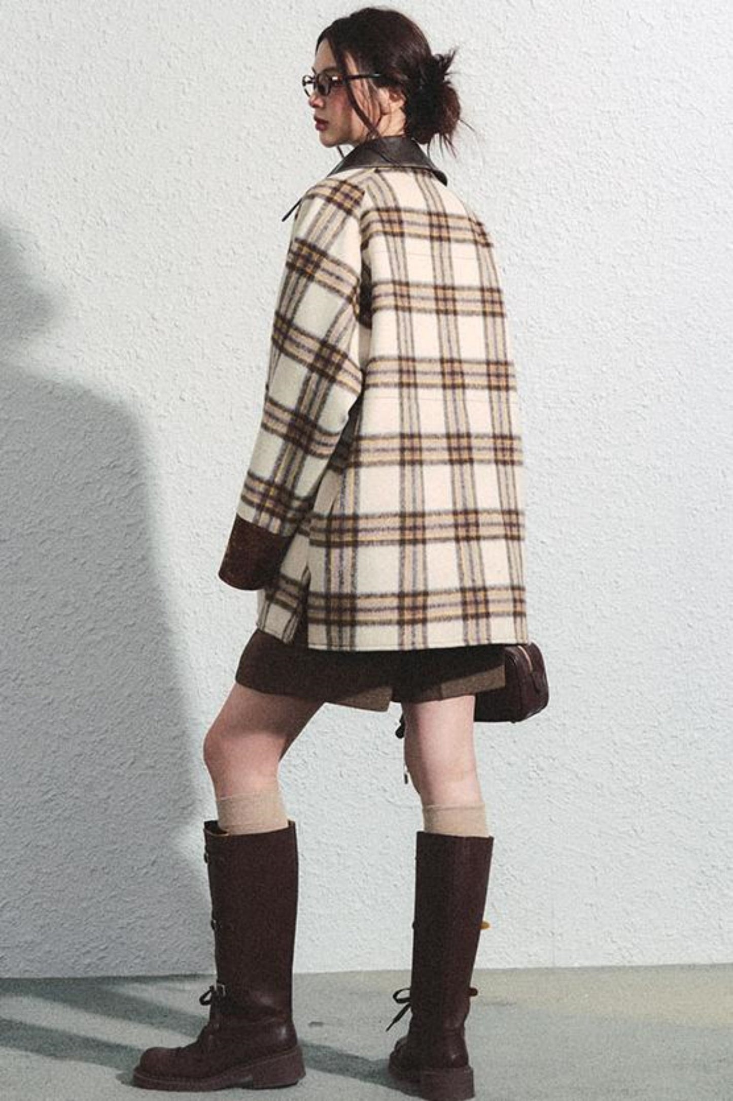 Brown Herringbone High-Waisted Trousers