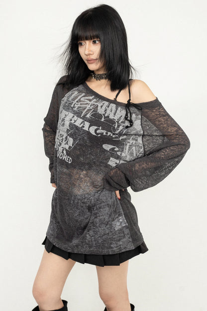 Sheer Design Shoulder Strap T-Shirt