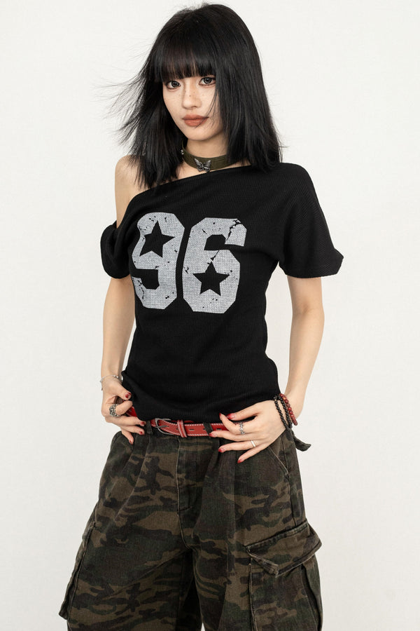 Vintage Print Slant-Shoulder T-Shirt