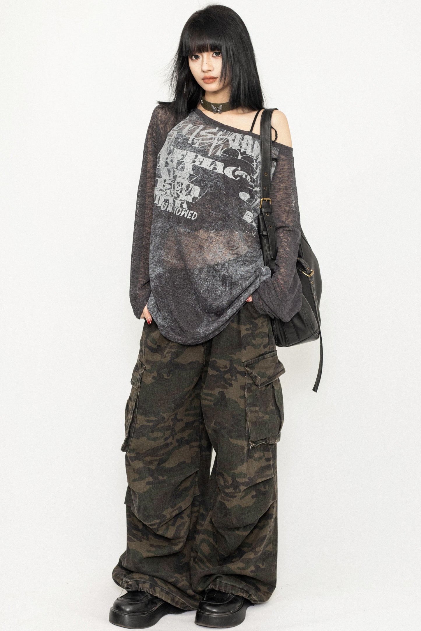 Sheer Design Shoulder Strap T-Shirt