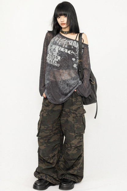 Sheer Design Shoulder Strap T-Shirt