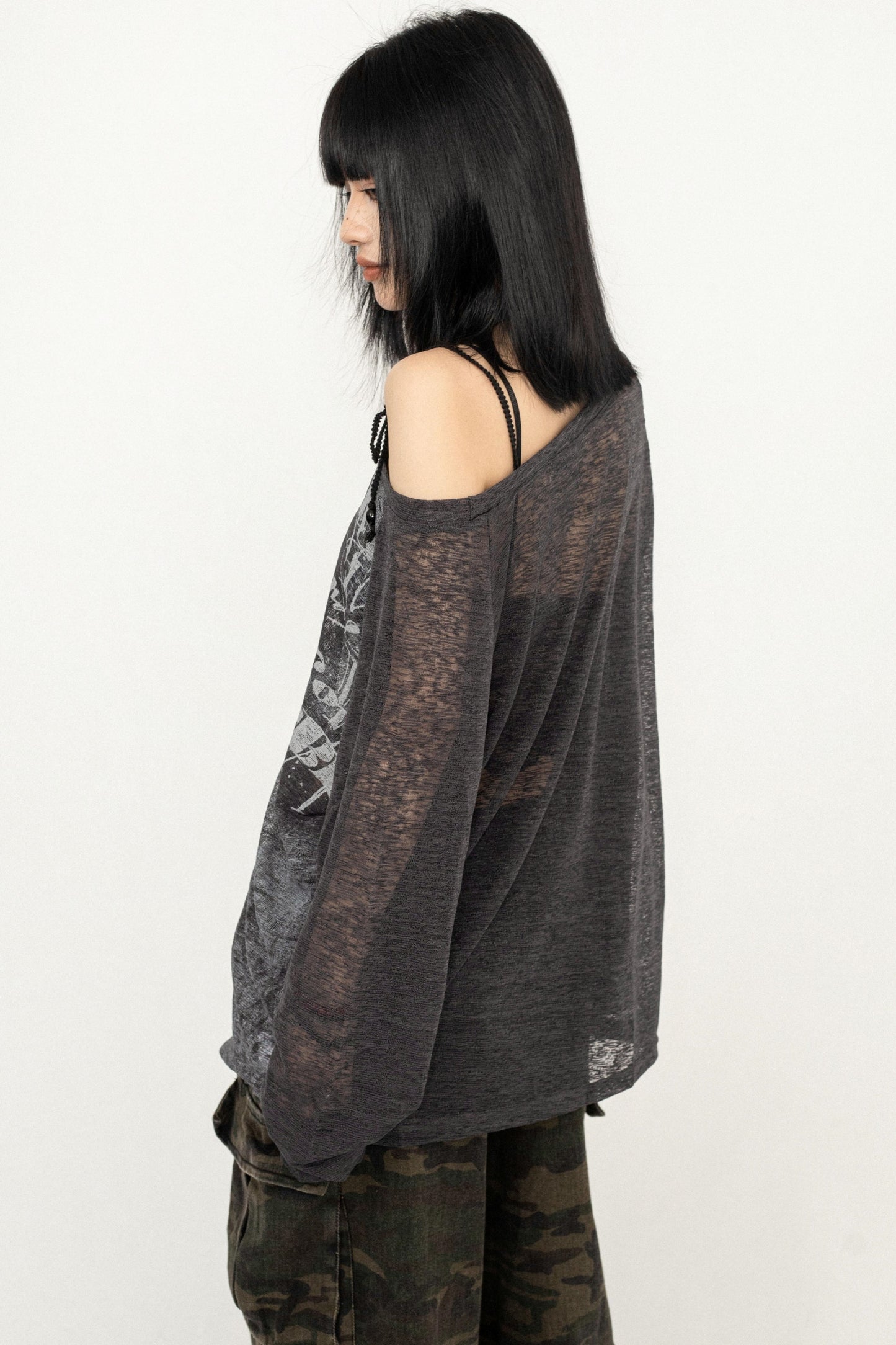 Sheer Design Shoulder Strap T-Shirt