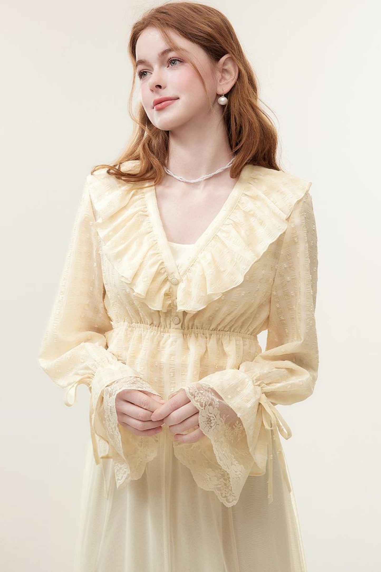 V-Neck Lace Ruffle Blouse