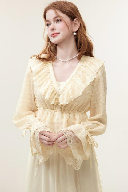 V-Neck Lace Ruffle Blouse