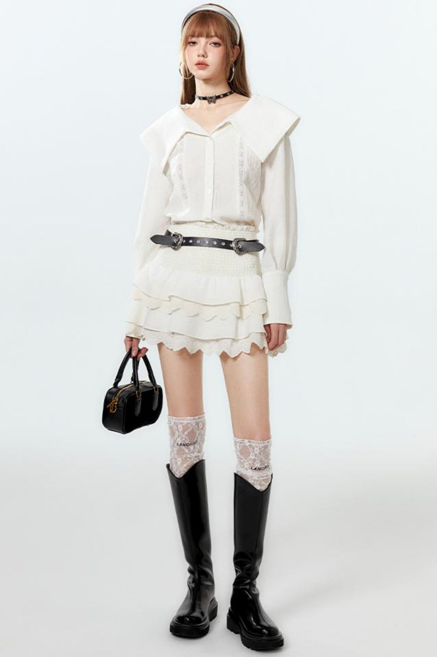 Sheer Lace Big-Collar Mint Blouse