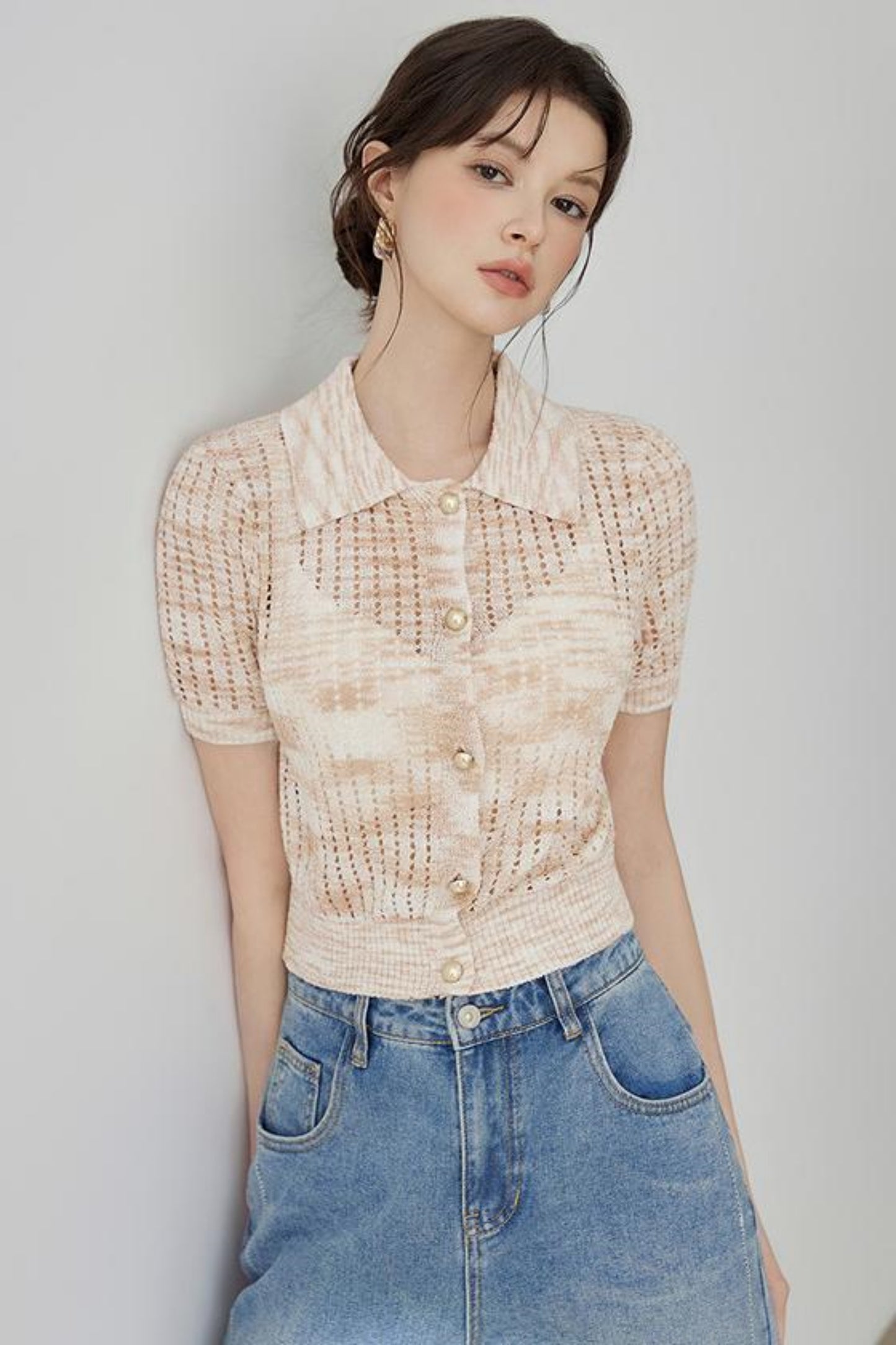 Elegant Polo Collar Short Sleeve Knit